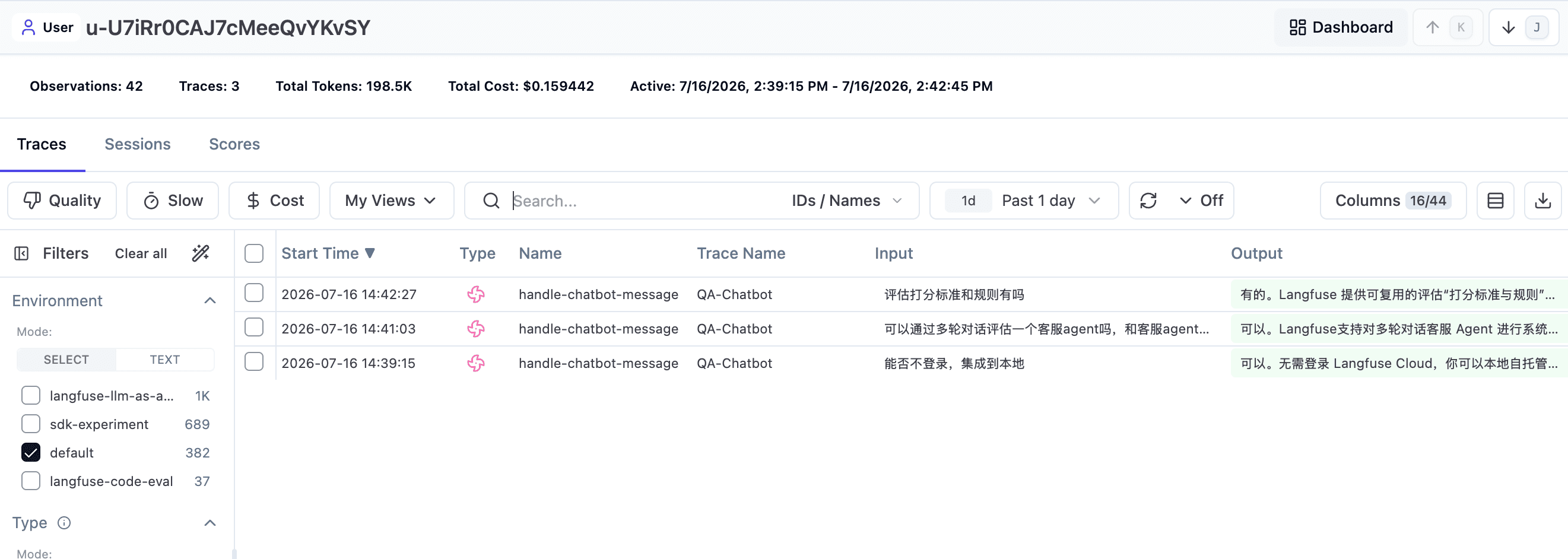 User detail view showing a focused list of chatbot traces for one returning user